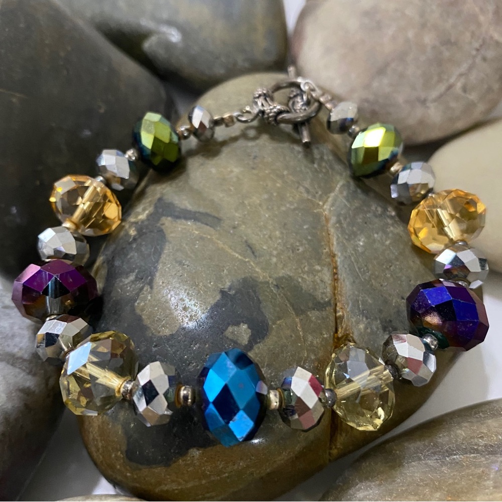 Artisan Champagne Mardi Gras Colored Swarovski crystal Sterling Silver Bracelet